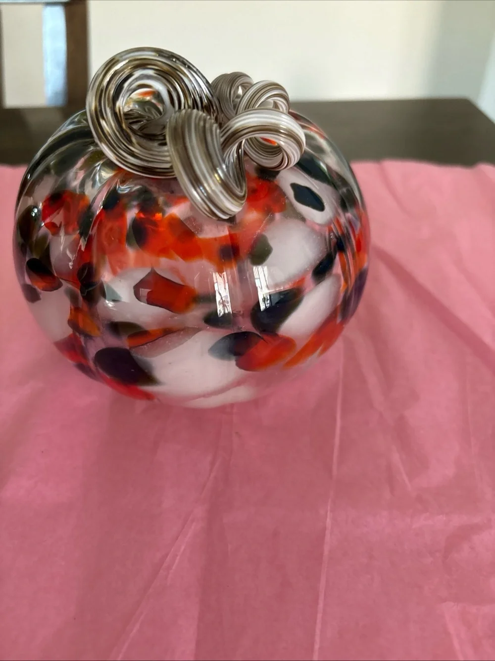Handblown Glass Clear With Orange Black White Spots Pumpkin
